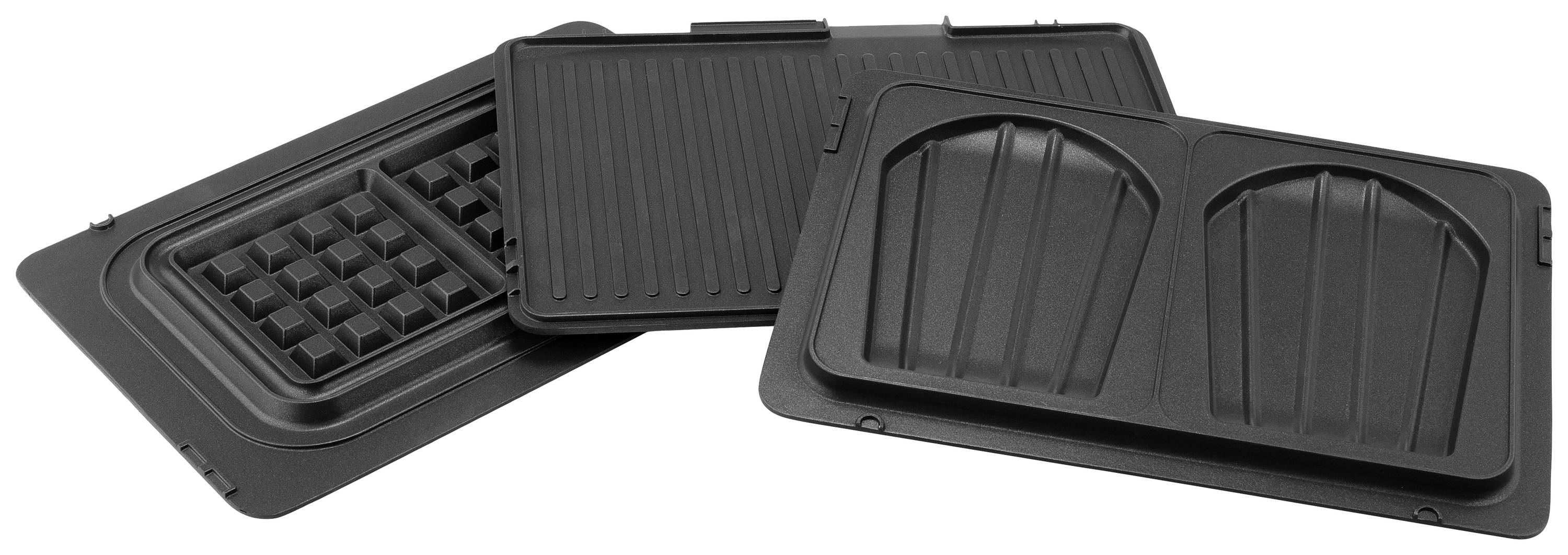 Drei verschiedene schwarze Antihaft-Grillplatten: eine geriffelte, eine mit Waffelmuster und eine mit Sandwichmustern.