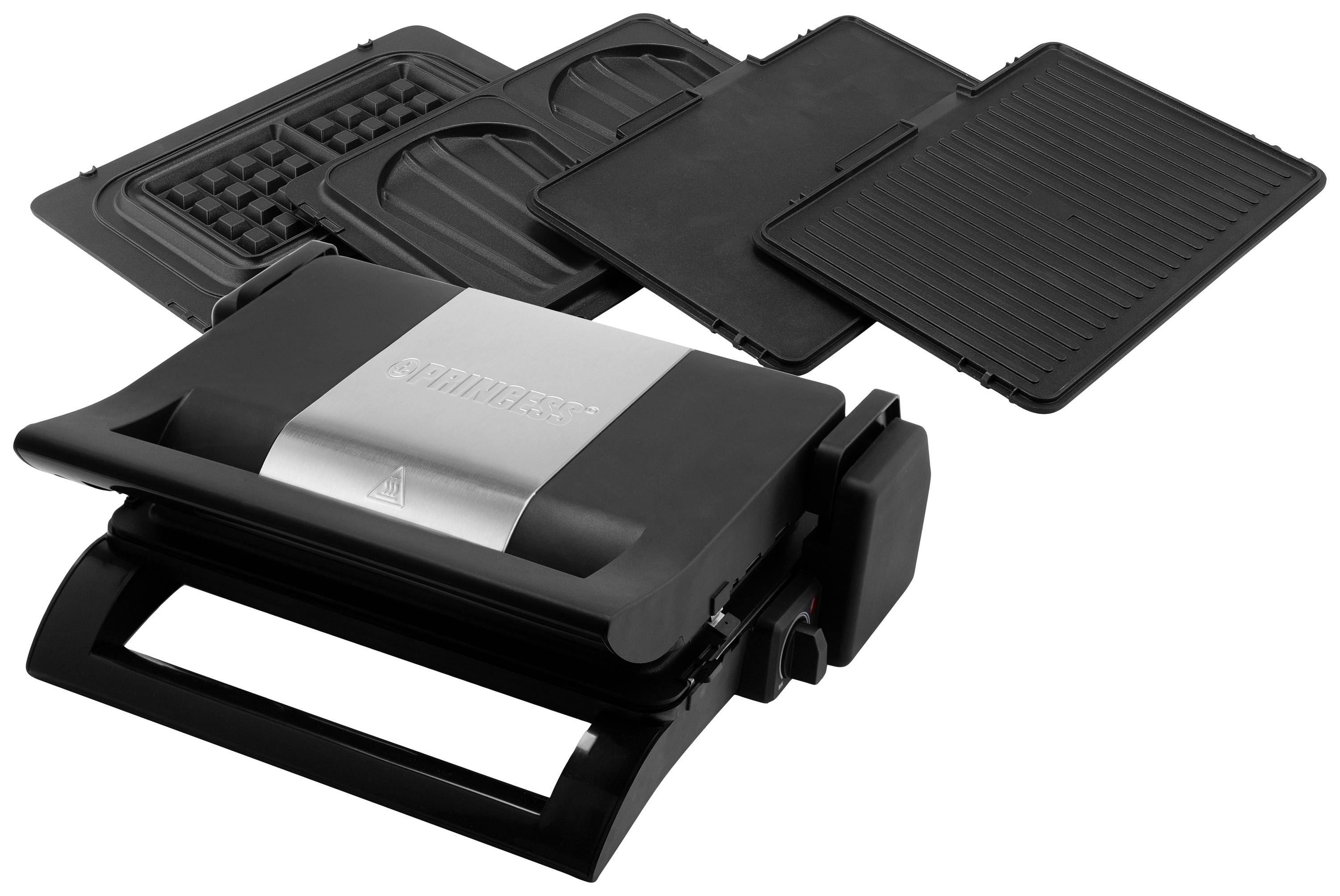 Ein multifunktionales Küchengerät mit vier auswechselbaren Platten: Waffeln, Sandwiches, Grill und Panini. Ideal für vielseitige Zubereitungen.