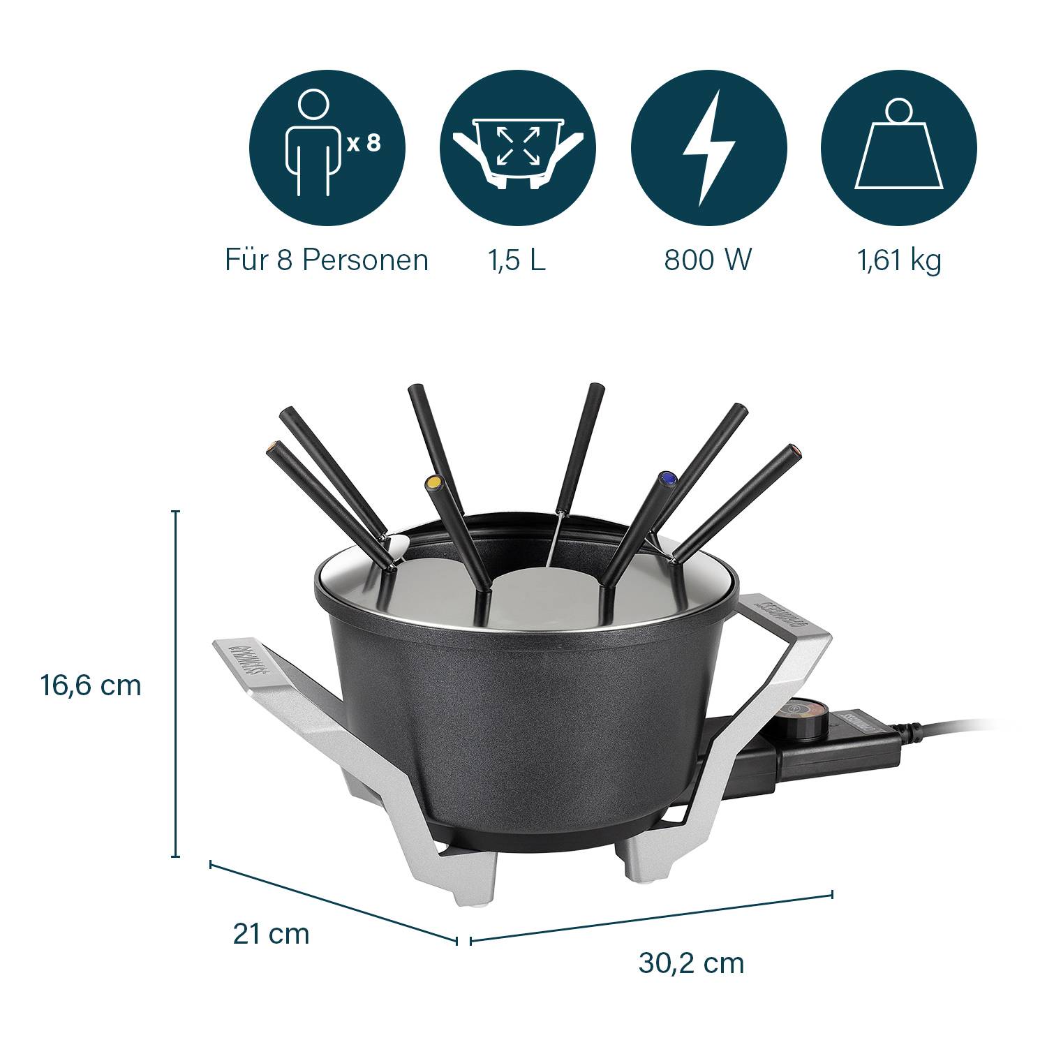 Multifunktionales Fondue-Set für 8 Personen, 1,5 Liter Fassungsvermögen, 800 Watt Leistung, Gesamtgewicht 1,61 kg.