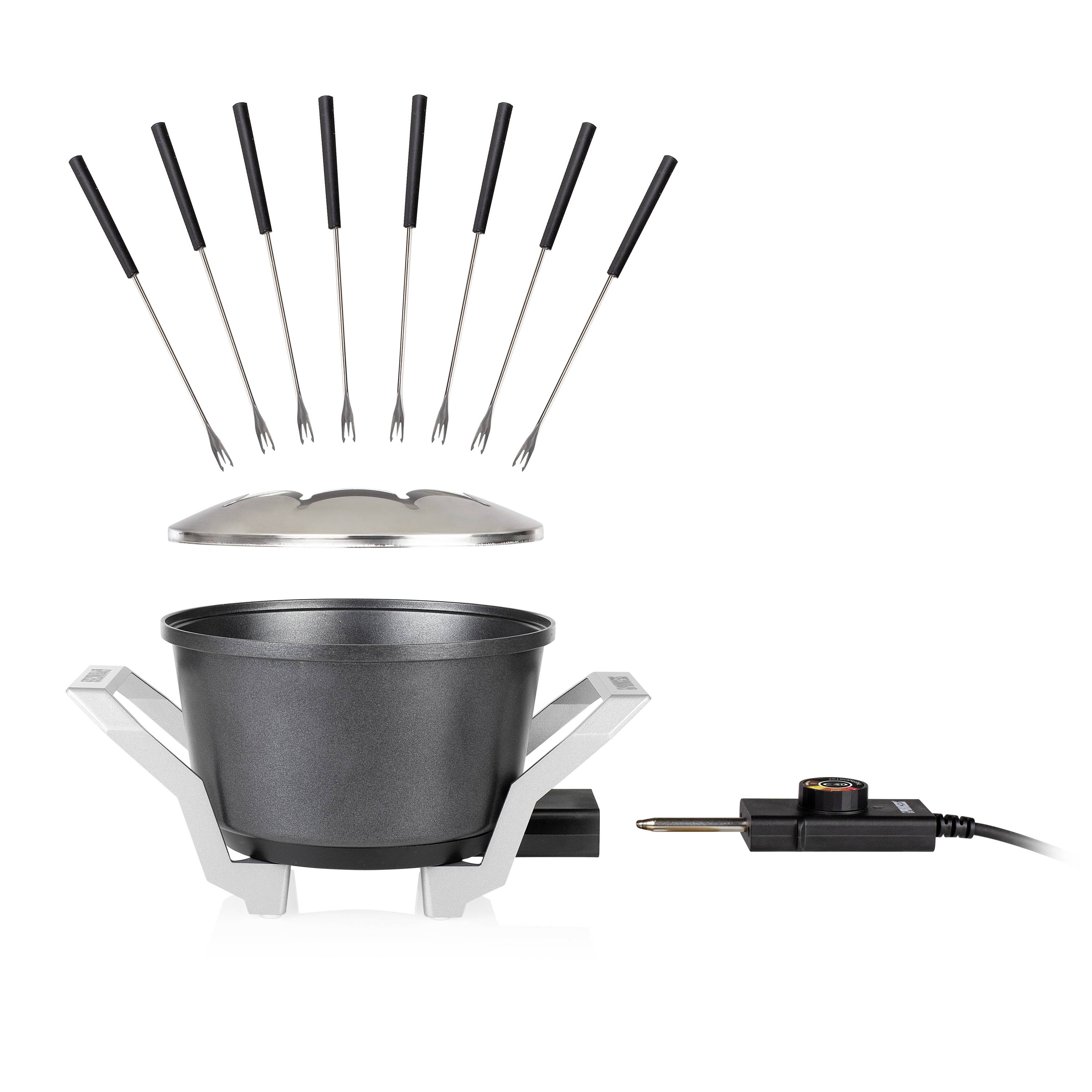 Ein elektrisches Fondue-Set mit Topf, Deckel, Temperaturregler und acht Fondue-Gabeln mit schwarzen Griffen.