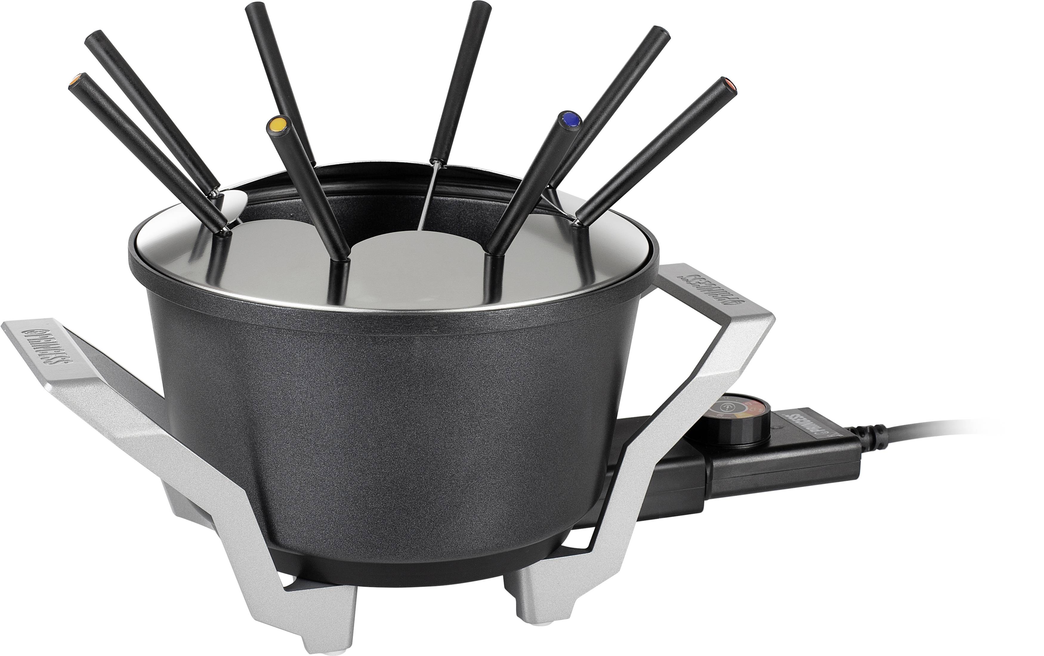 Ein elektrisches Fondue-Set mit sechs schwarzen Gabeln, die in der Fondue-Schüssel stecken. Das Set steht auf einem silbernen Ständer.