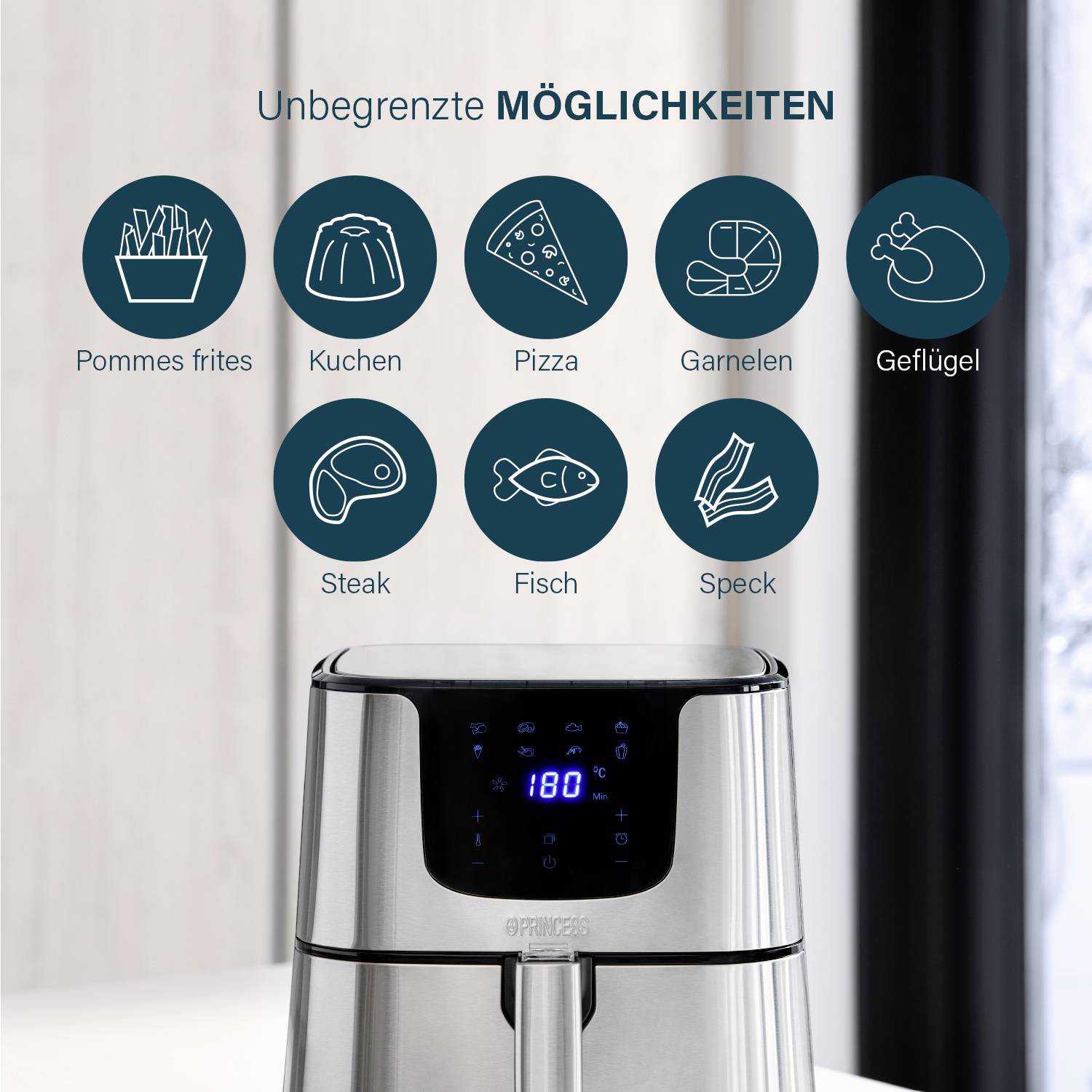 Princess 01.182060.01.001 Heißluft-Fritteuse 5.5l 1700W Antihaftbeschichtung, Timerfunktion, Überhitzungsschutz, mit Display