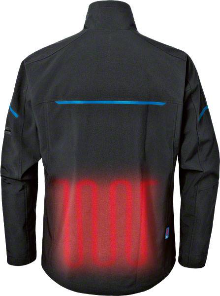 Jacke mit Heizfunktion im Rückenbereich, leuchtende rote Heizspirale sichtbar, schwarze Stofffarbe, blaue Ziernähte an den Schultern.