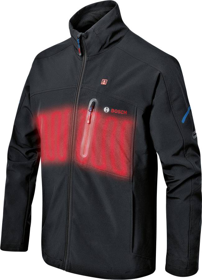 Schwarze elektrische Heizjacke mit rotem Heizbereich angezeigt. Bosch-Logo auf der Brusttasche. Geeignet für kalte Wetterbedingungen.