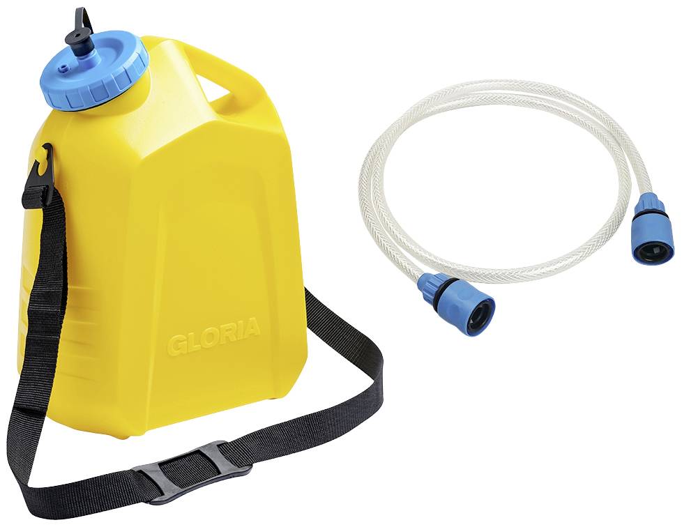 Das Bild zeigt einen gelben, tragbaren Drucksprüher von 'Gloria' mit einem abnehmbaren Schlauch und einem Tragegurt.