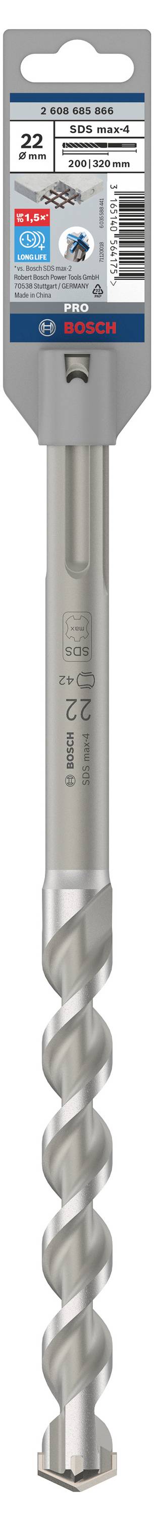 'Bosch SDS plus-5X Bohrer', 8 x 200 mm. Geformt für präzises Bohren in Beton. Verpackungsdetail zeigt Barcode und weitere Spezifikationen.