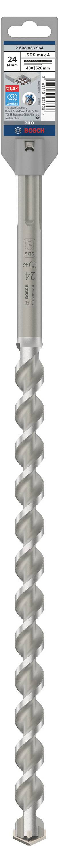 SDS max-8X Bohrer von Bosch, geeignet für Beton und Stahlbeton. 20 mm Durchmesser, vier Schneiden, Kopf aus Vollhartmetall.