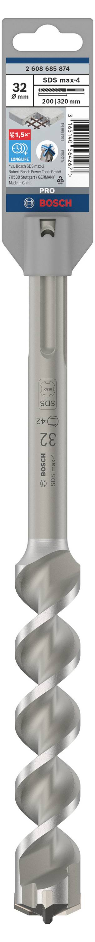 Bohrer mit vier Schneiden, 32 mm Durchmesser, SDS-max, für Beton geeignet, Markenlogo und Produktinformationen auf Verpackung.