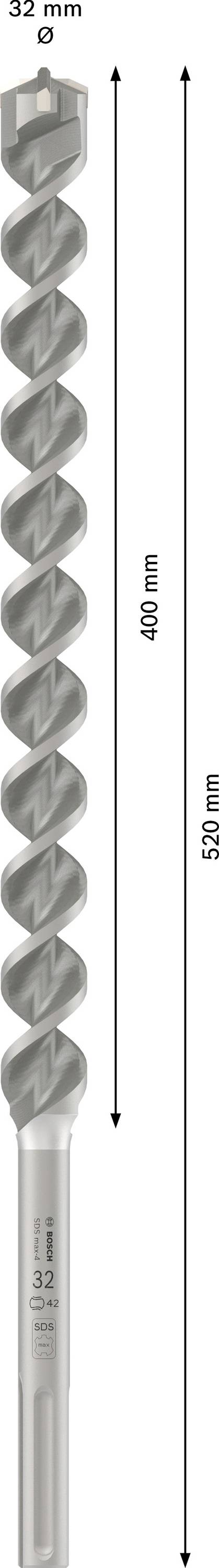 Bild eines grauen Bohrers, 32 mm Durchmesser, 450 mm Gesamtlänge, 400 mm nutzbare Länge, mit spiralförmigem Design.