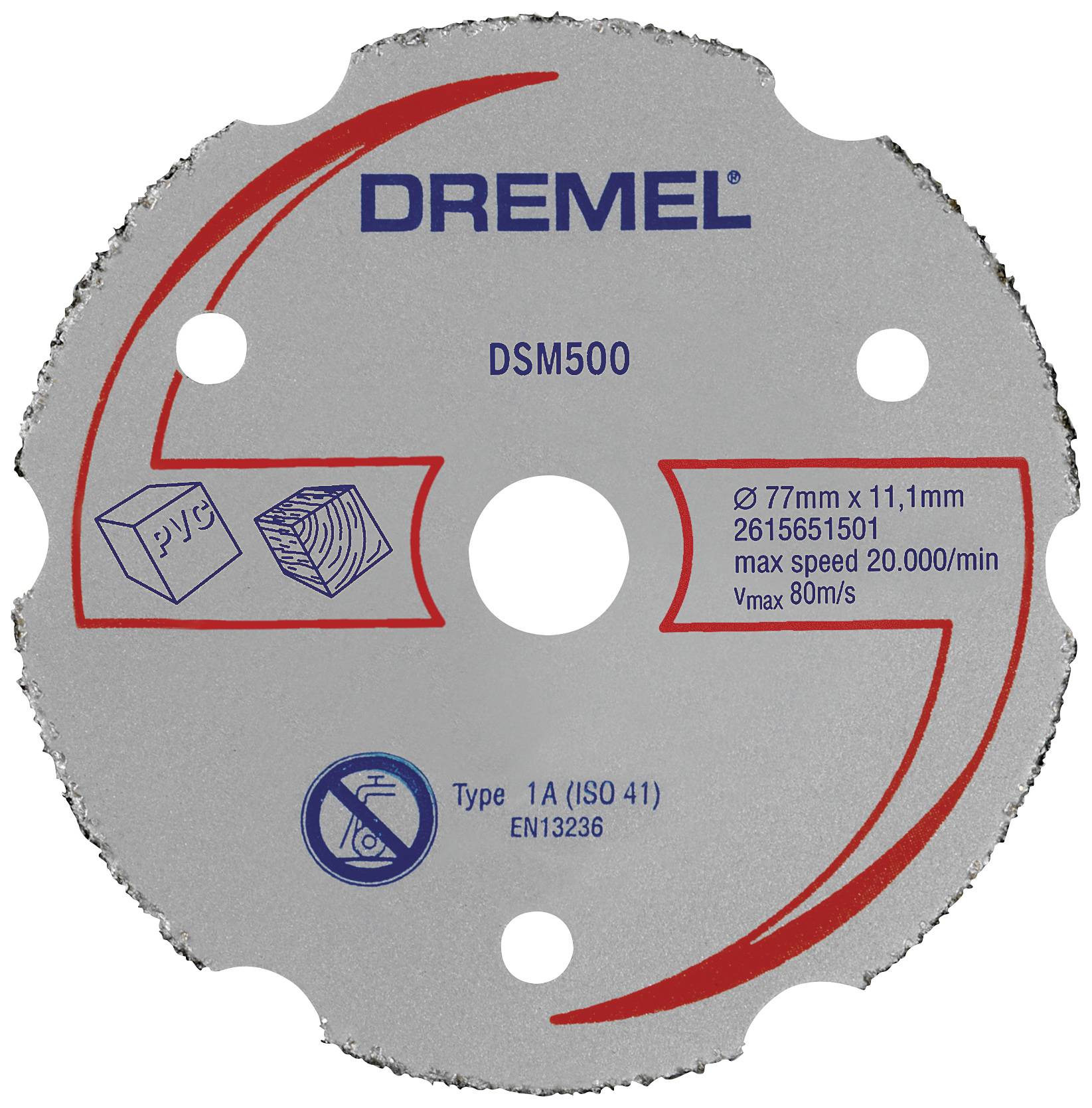 Kreissägeblatt mit der Aufschrift 'Dremel DSM500'. Angaben: Durchmesser 77 mm, max. Geschwindigkeit 20.000 U/min. Holz- und PVC-Schnittsymbole.