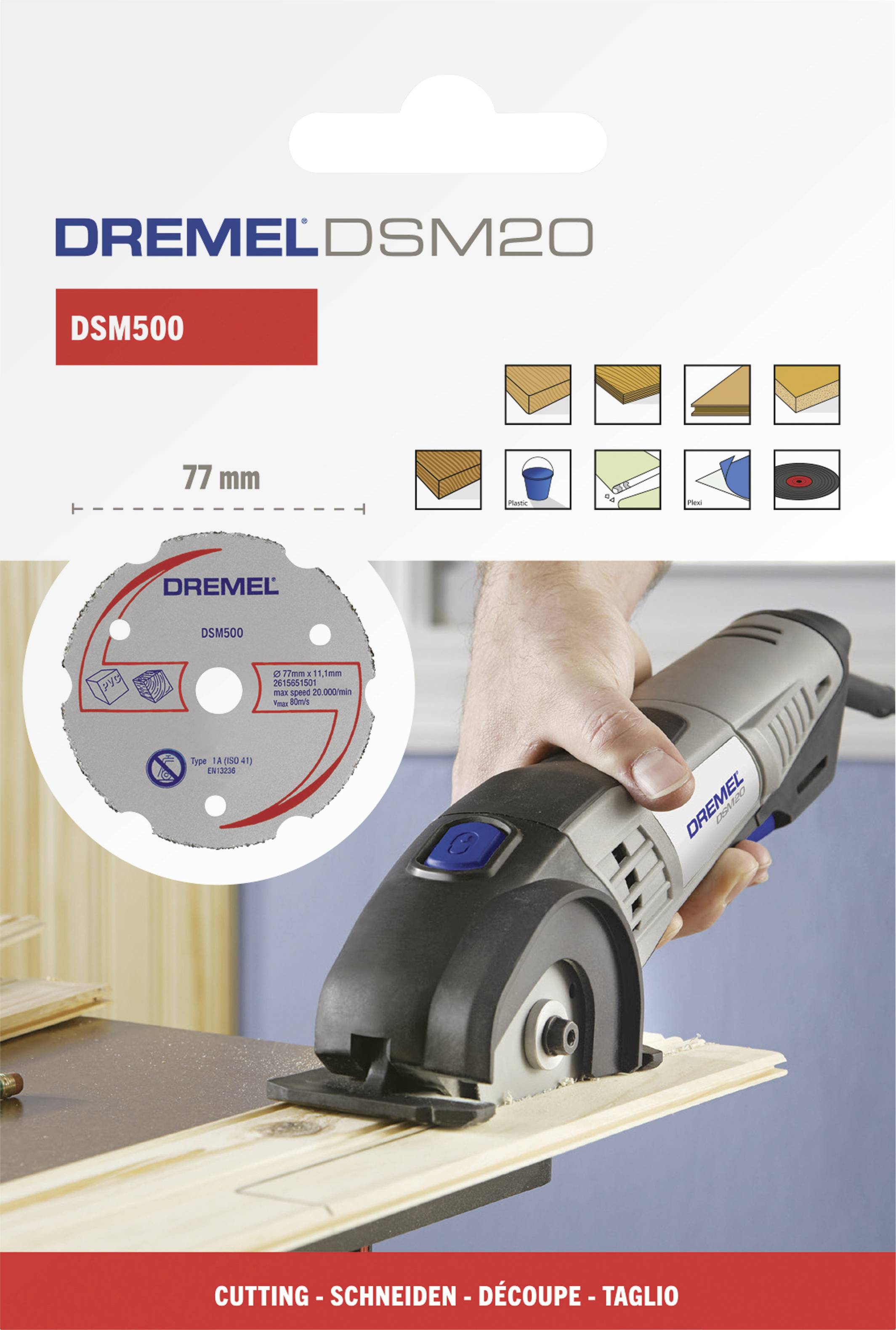 Dremel DSM20 mit DSM500 Scheibe, schneidet präzise Holz. Anwendung für verschiedene Materialien dargestellt. Schnittbeispiel gezeigt.