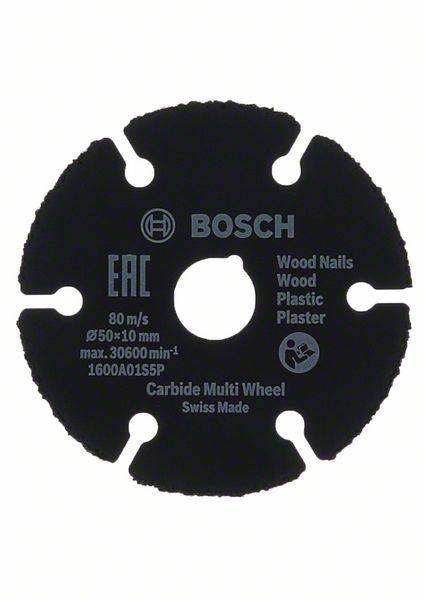 Sägeblatt Bosch Carbide Multi Wheel, geeignet für Holz, Nägel, Kunststoff, Putz, Durchmesser 50 mm, mit zentraler Befestigungsöffnung.