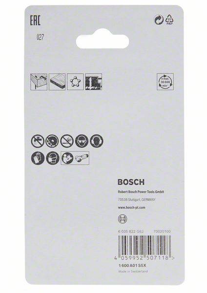 Rückseite einer Bosch-Verpackung mit Herstellerinformationen, einem QR-Code und Symbolen für Sicherheits- und Anwendungshinweise.