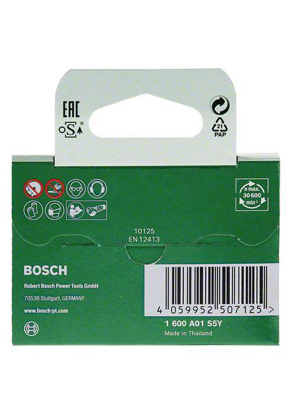 Eine grüne Bosch-Verpackung mit Warnhinweisen, Strichcode und Produktspezifikationen. Made in Thailand. Max. 36.000 U/min.
