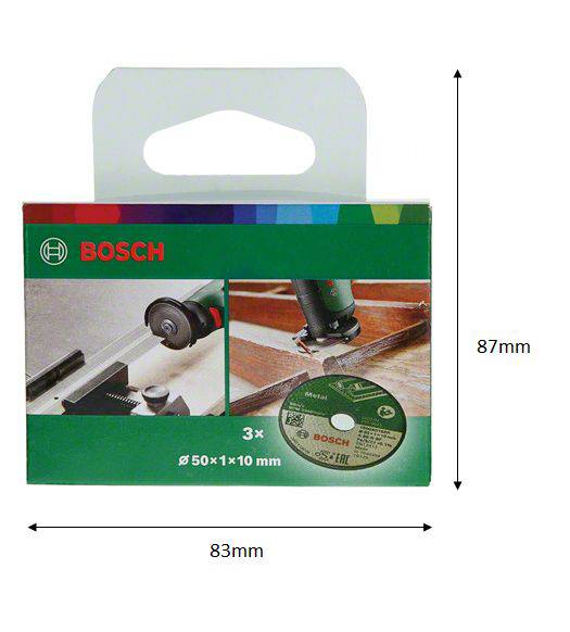 Bild einer Bosch-Produktverpackung für drei Trennscheiben mit den Maßen 50x1x10 mm; Abmessungen der Box: 83x87 mm.