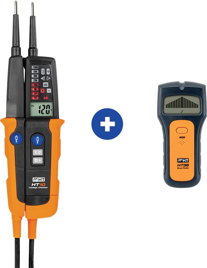 Spannungsprüfer und Leitungssucher nebeneinander. Der Spannungsprüfer zeigt 120V an, beide in orange-schwarz gehalten.