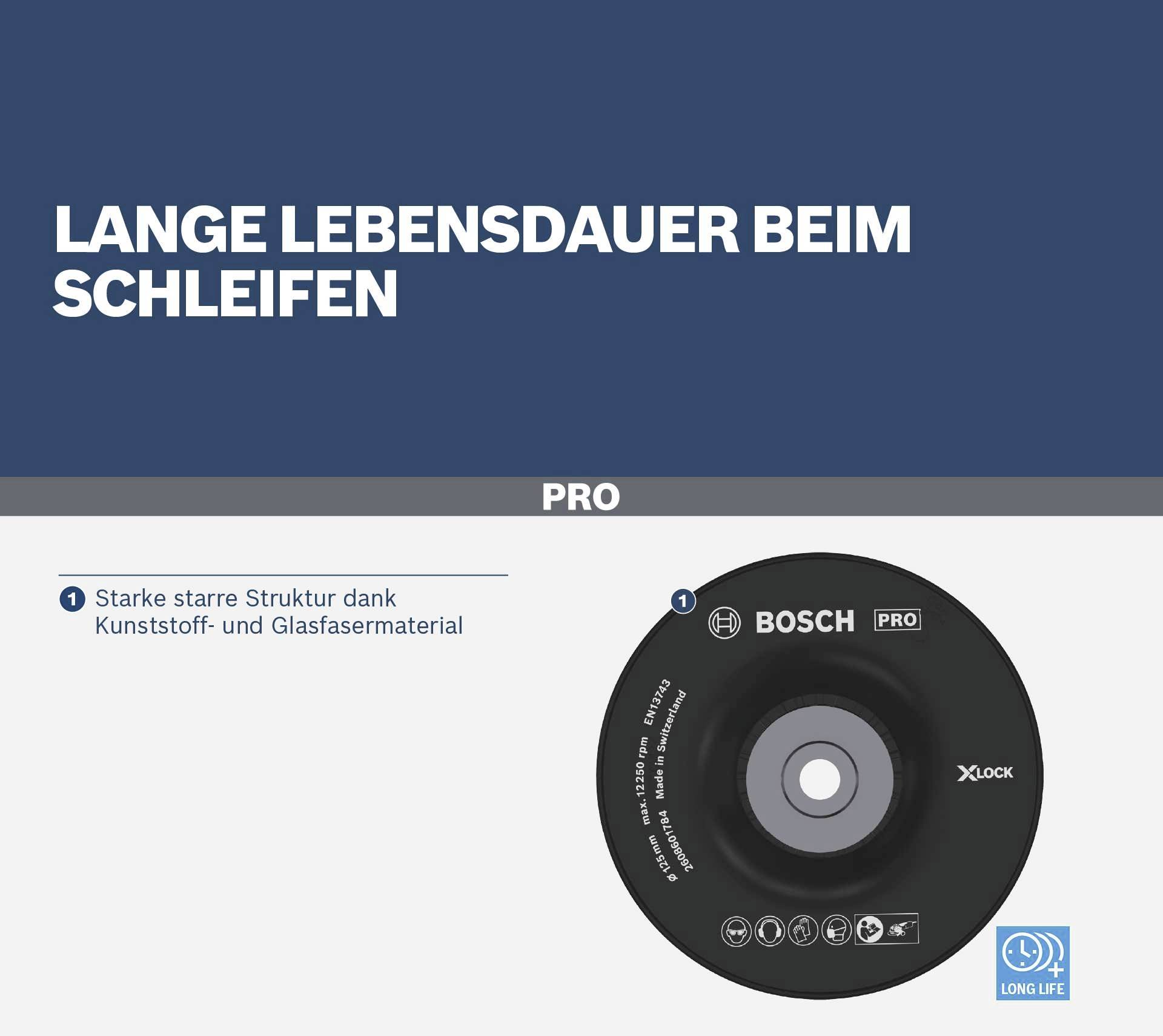 'Lange Lebensdauer beim Schleifen' X-LOCK Schleifscheibe mit starrer Struktur aus Kunststoff und Glasfasermaterial. Bosch Pro.