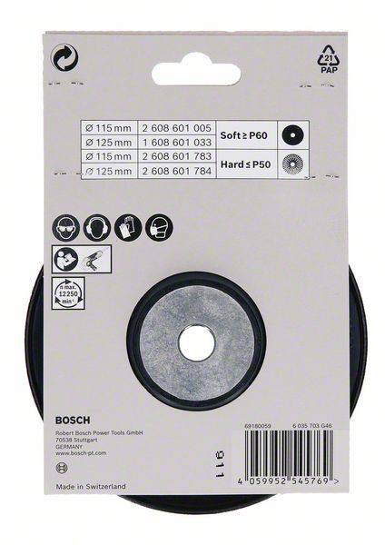 'Bosch' Markenschild einer Schleifscheibe-Packung. Angezeigt sind Durchmesser (115 mm, 125 mm) und Körnung (Soft P60, Hard P50) sowie Symbole für Anwendung und Recycling.