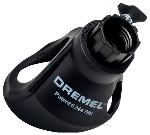 Schwarzes Dremel-Werkzeugzubehör mit gewindeöffnung und feststellknopf, auf weißem hintergrund dargestellt.
