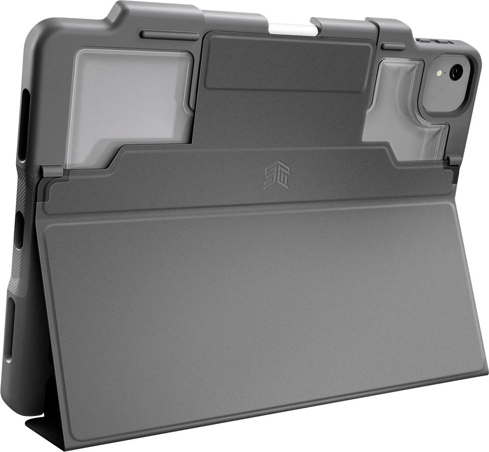 Ein schwarzes Tablet steht in einem schützenden Gehäuse, das die Rückseite und Kanten abdeckt. Eine Kameraöffnung ist sichtbar.