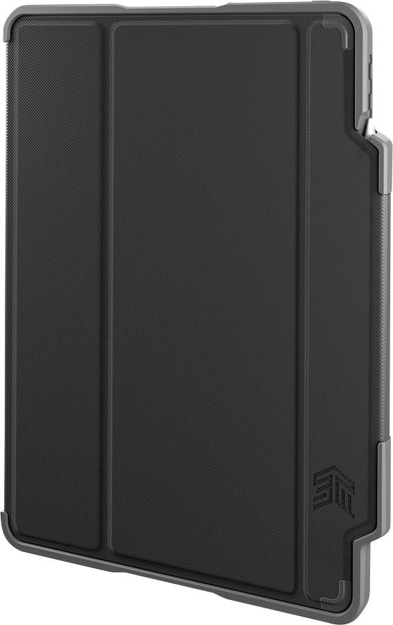 Eine schwarze, rechteckige Tablet-Hülle mit strukturiertem Design und markantem Logo in der Ecke.