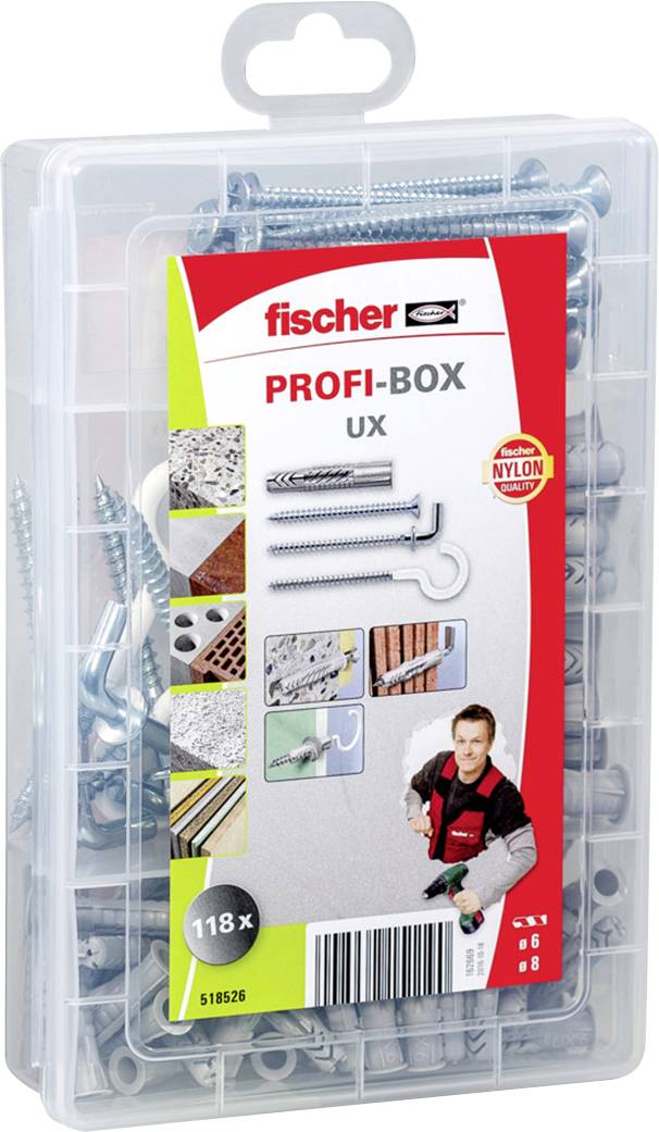 'PROFI-BOX UX' mit Universaldübel, Schrauben und Zubehör von Fischer. Enthält 118 Teile für verschiedene Materialien und Anwendungen.