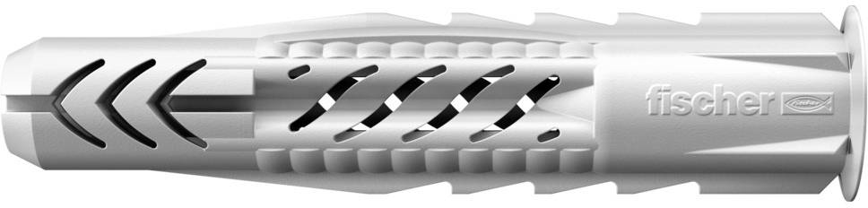 Ein weißer Spreizdübel mit mehreren Schlitzen für sicheren Halt, seitlich mit dem Schriftzug 'fischer'.