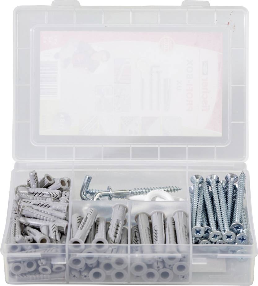 Transparente Plastikbox mit verschiedenen Schrauben und Dübeln in Fächern. Enthält Metallwinkel, passende Dübel und Schrauben.