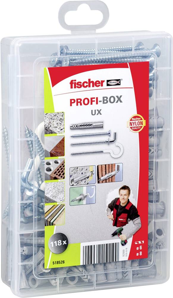 Eine durchsichtige Kunststoffbox mit 118 Befestigungsartikeln der Marke Fischer, darunter Schrauben und Dübel, für verschiedene Materialien.