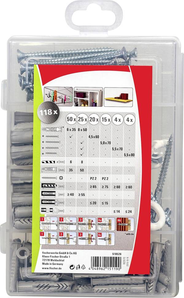 Packung mit 118 Dübeln und Schrauben in verschiedenen Größen, illustriert mit Anwendungsbeispielen für Wände und unterschiedliche Materialien.