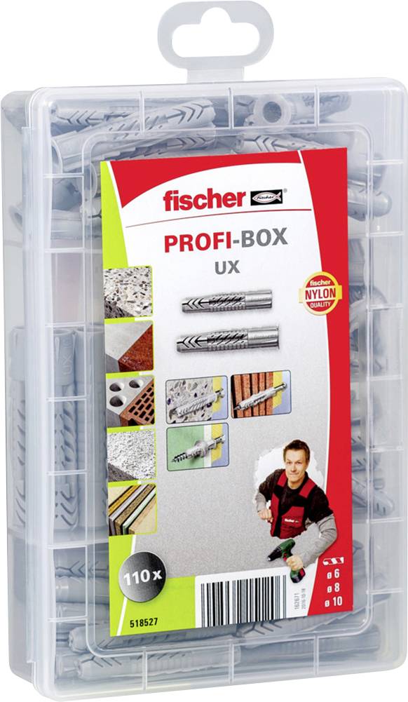 Eine transparente Box mit dem Aufdruck 'PROFI-BOX UX' enthält 110 Fischer-Dübel und Bohrer, mit Bildern für verschiedene Materialien.