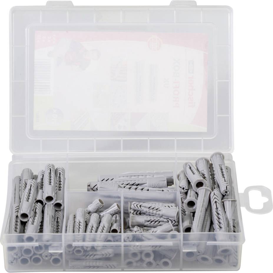 Offene Plastikbox mit mehreren Fächern, gefüllt mit grauen Kunststoffdübeln in unterschiedlichen Größen.