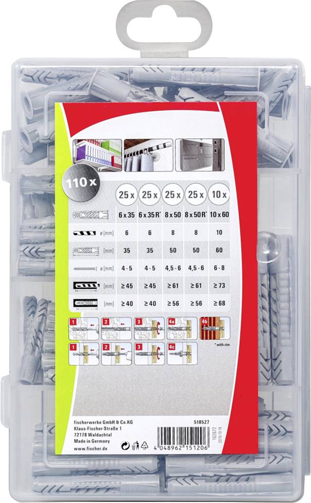 Eine Packung mit 110 grauen Dübeln in verschiedenen Größen, gezeigt mit Etikett, das Größe und Verwendungszweck zeigt.