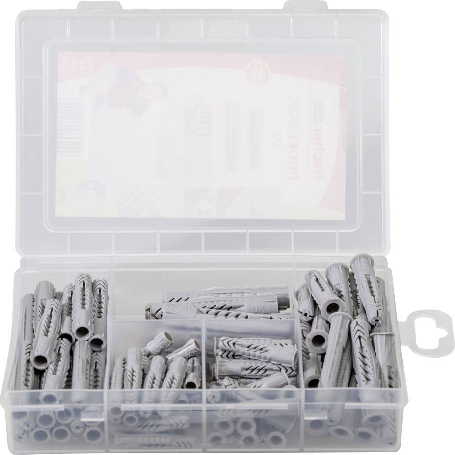 Eine geöffnete Kunststoffbox mit diversen grauen Dübeln in verschiedenen Fächern, bereit zur Verwendung in Bauprojekten.