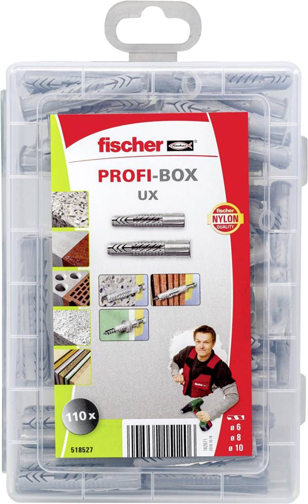 Box mit Fischer UX Dübeln mit Nylonqualität, Abbildung zeigt Anwendungsbeispiele und enthält Bild einer Person im Arbeitsanzug.