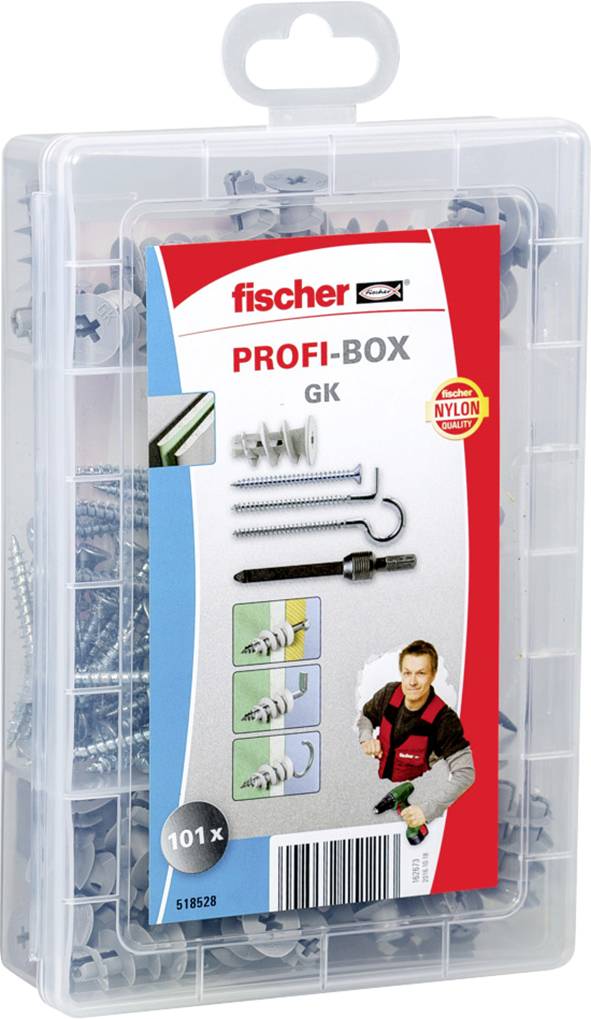 Kunststoffbox mit verschiedenen Schrauben und Dübeln von Fischer. Auf der Verpackung: 'PROFI-BOX GK', 101 Teile.