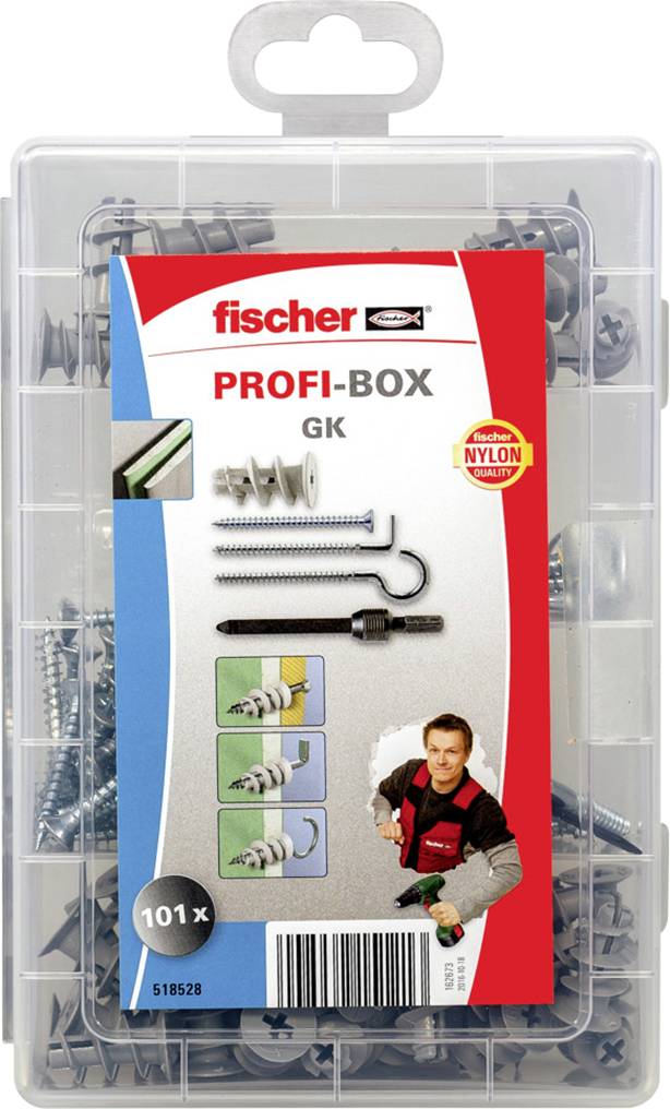 Eine Klarsichtbox mit 101 Fischer Profi-Befestigungselementen, darunter verschiedene Dübel und Schrauben. Verpackung mit Bild eines Handwerkers.