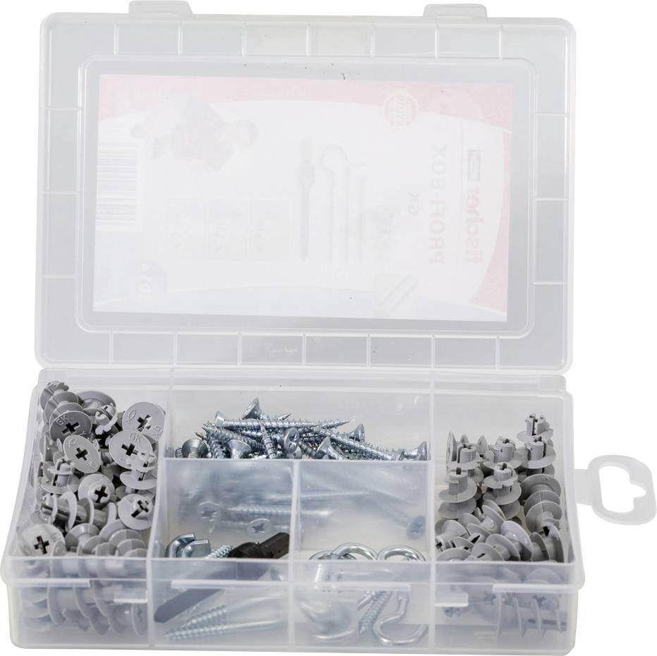 Kunststoffbox mit verschiedenen Schrauben und Dübeln in sortierten Fächern, geöffnet.
