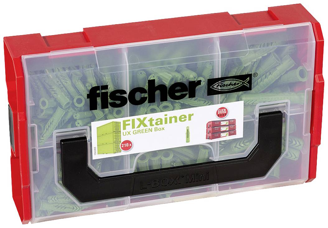 Eine rote Aufbewahrungsbox mit transparentem Deckel, gefüllt mit grünen Dübeln. Aufschrift: 'fischer FIXtainer UX GREEN Box'.