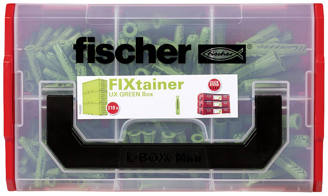 'Fischer FIXtainer UX GREEN Box' ist eine transparente Kunststoffbox mit roten Seiten, gefüllt mit grünen Dübeln, geeignet für verschiedene Bauanwendungen.