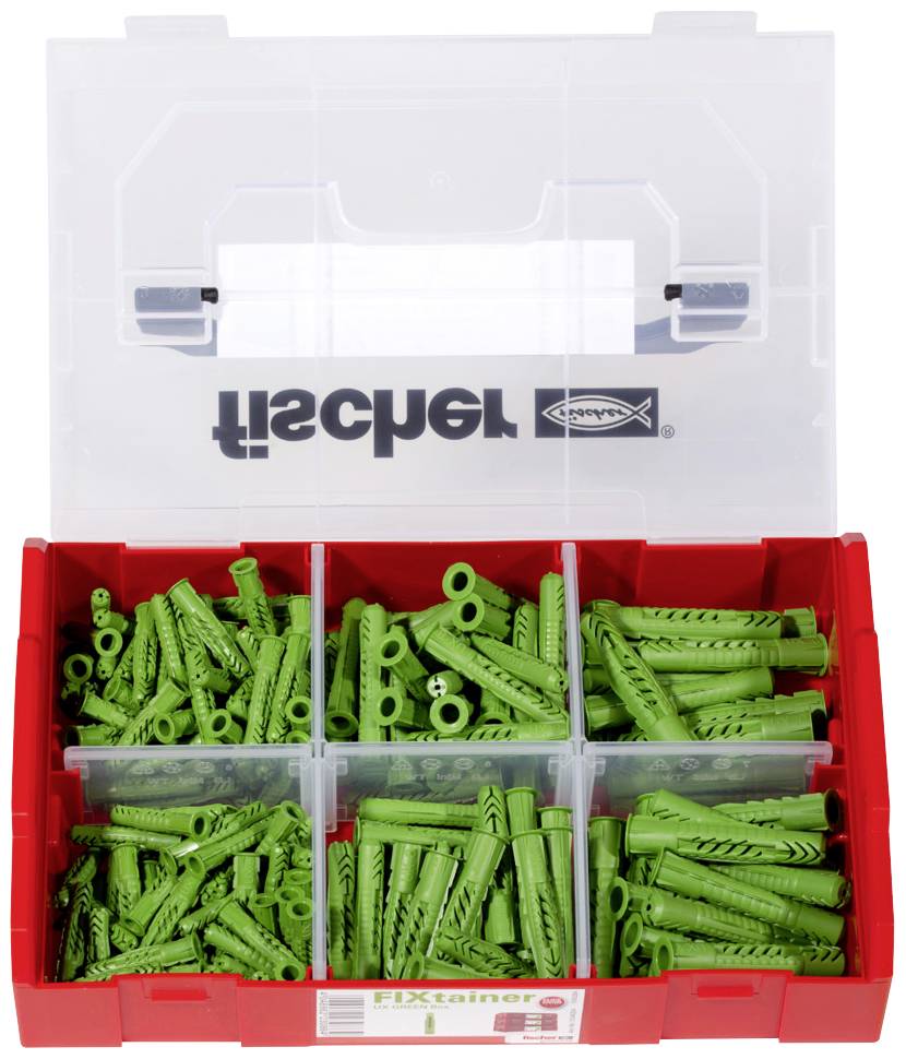 Kunststoffbox mit transparentem Deckel, enthält grüne Dübel in sechs Fächern. Auf dem Deckel steht 'fischer'.