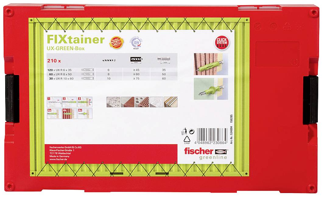 Rote Kunststoffbox mit Text 'FIXtainer UX-GREEN-Box'. Enthält 210 Dübel. Abbildungen zeigen Anwendungen in verschiedenen Materialien.