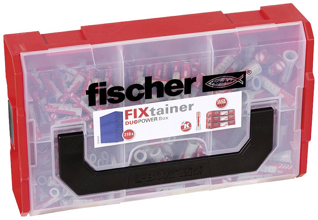 Ein roter Werkzeugkasten mit der Aufschrift 'fischer FIXtainer DUOPOWER Box', enthält verschiedene Dübel.