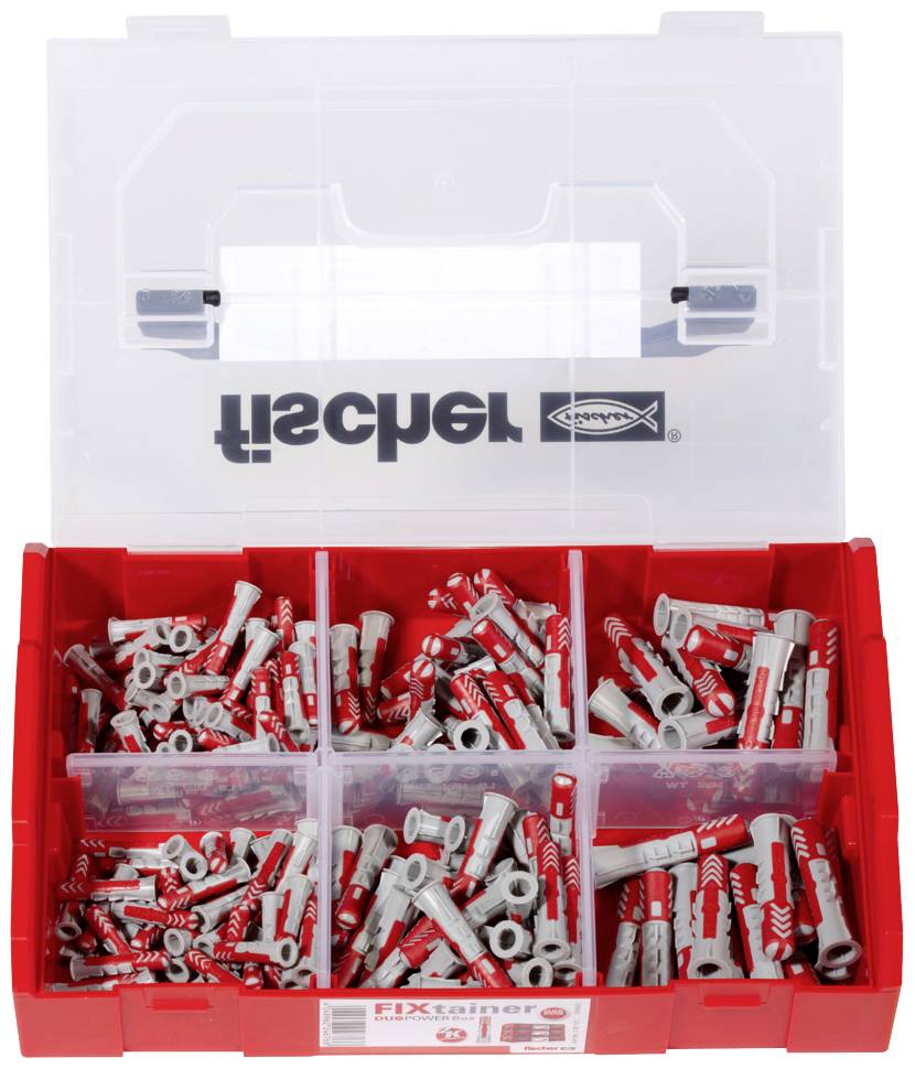 Roter Werkzeugkasten mit transparentem Deckel, gefüllt mit roten und grauen Dübeln in sechs Fächern.