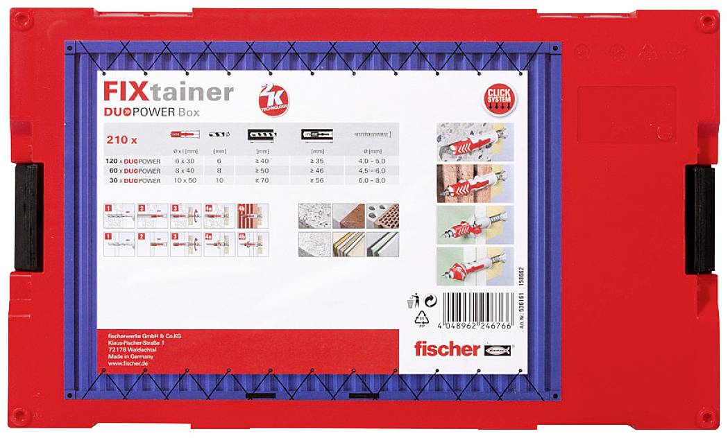 'FIXtainer DUOPOWER Box' von Fischer mit 210 Teilen in roter Box. Produktdetails und Anwendungsbilder für verschiedene Materialien.
