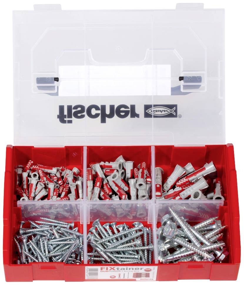 Eine offene rote Box mit sechs Fächern, die verschiedene Schrauben und Dübel enthält. Oben steht das Logo eines Herstellers.