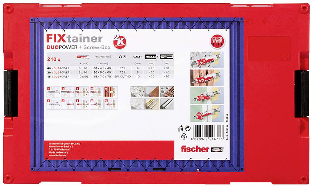 Eine rote Kunststoffbox mit der Aufschrift 'FIXtainer DUOPOWER + Schrauben-Box 210x'. Zeigt verschiedene Schraubendübel und Anwendungshinweise.