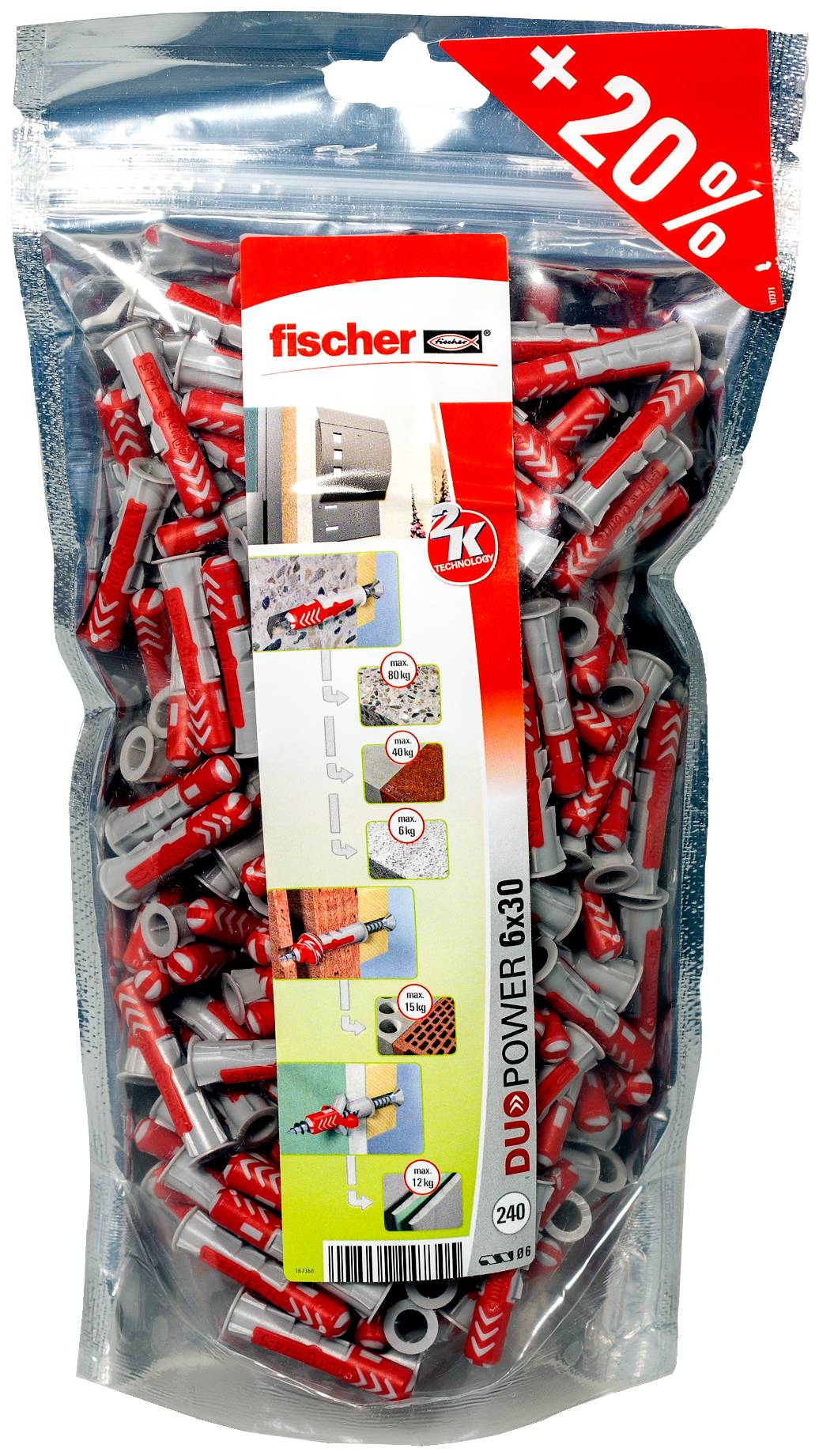 Roter Fischer-Dübel mit Pfeildesign, verwendet zum Befestigen von Schrauben in Mauerwerk oder Trockenbau.