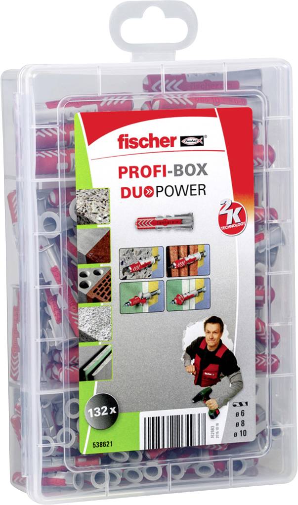 Eine durchsichtige Kunststoffbox mit dem Label 'PROFI-BOX DUOPOWER' von Fischer. Enthält 132 graue und rote Dübel.