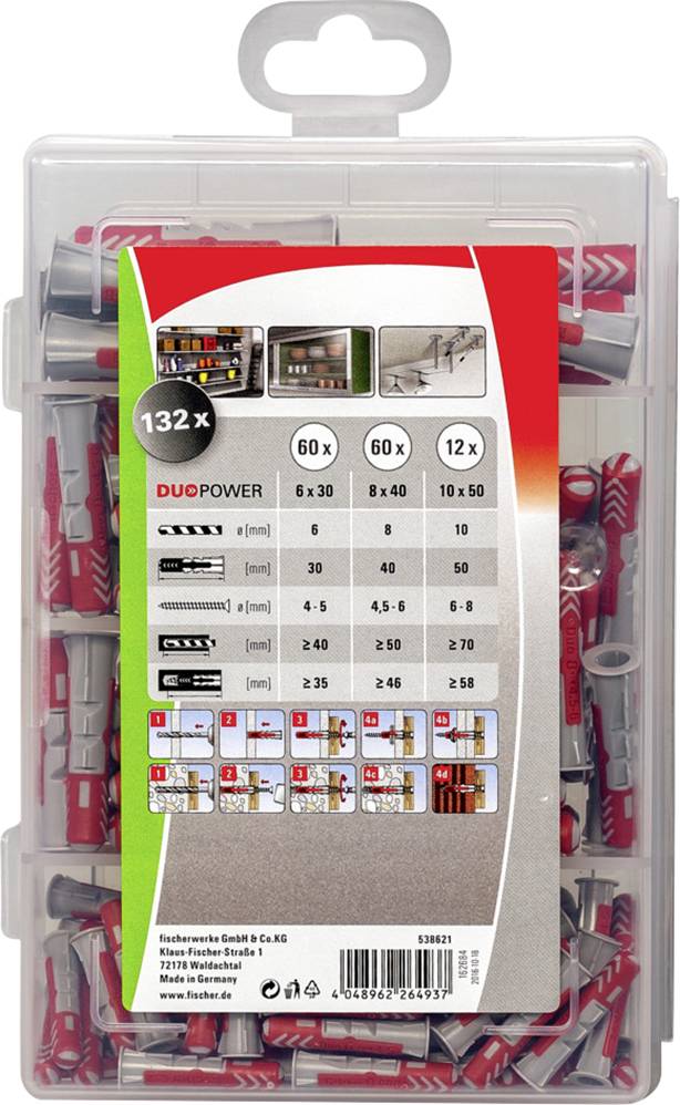 Verpackung mit 132 Dübeln in verschiedenen Größen. Auf der Rückseite sind Anwendungsfälle und Größenangaben dargestellt.